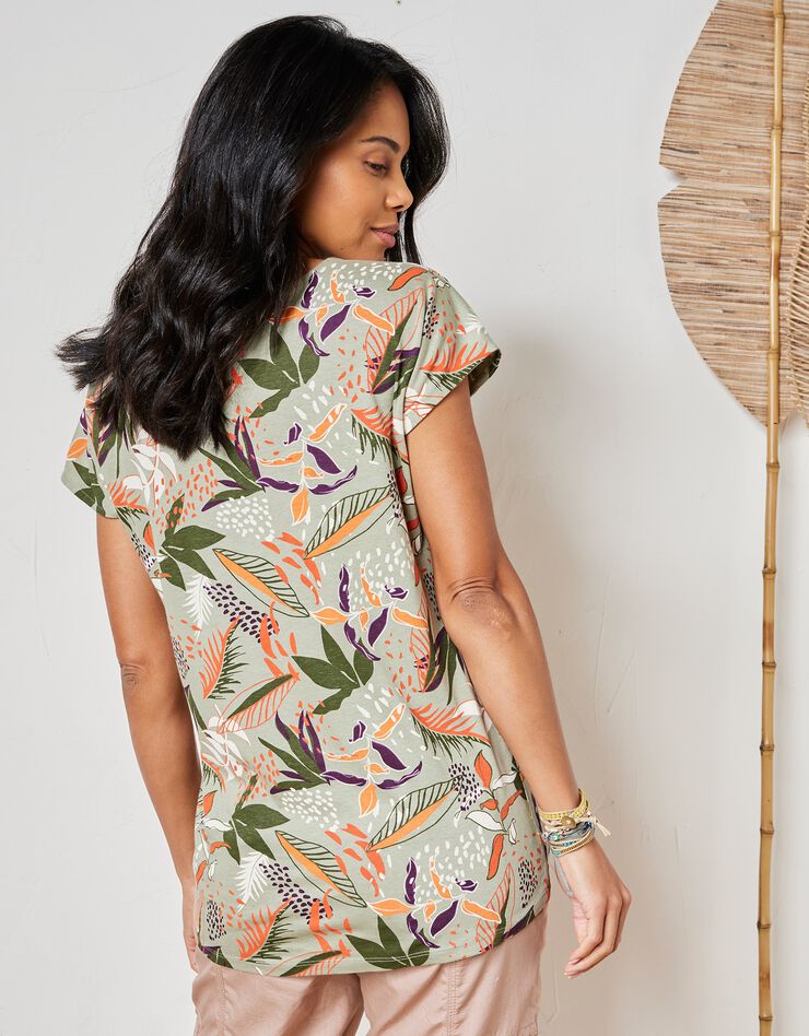 Tee-shirt col rond imprimé tropical (kaki / tomette) Tee-shirt col rond imprimé tropical (kaki / tomette)