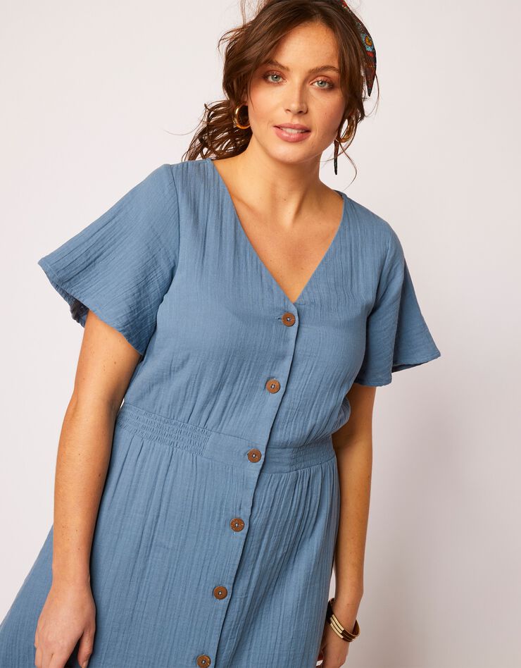 Robe longue boutonnée en gaze de coton (bleu grisé) Robe longue boutonnée en gaze de coton (bleu grisé)