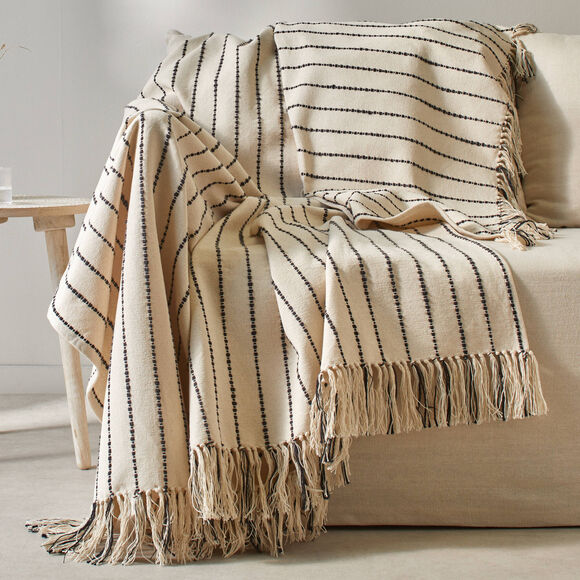 Plaid ou jeté de canapé tissage artisanal (naturel / noir)