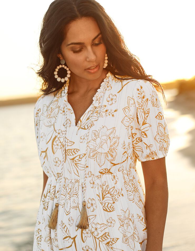 Robe longue volantée imprimée (blanc / caramel) Robe longue volantée imprimée (blanc / caramel)