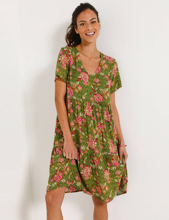 Robe courte col V imprim&eacute; fleuri, cr&eacute;pon (kaki / rose)