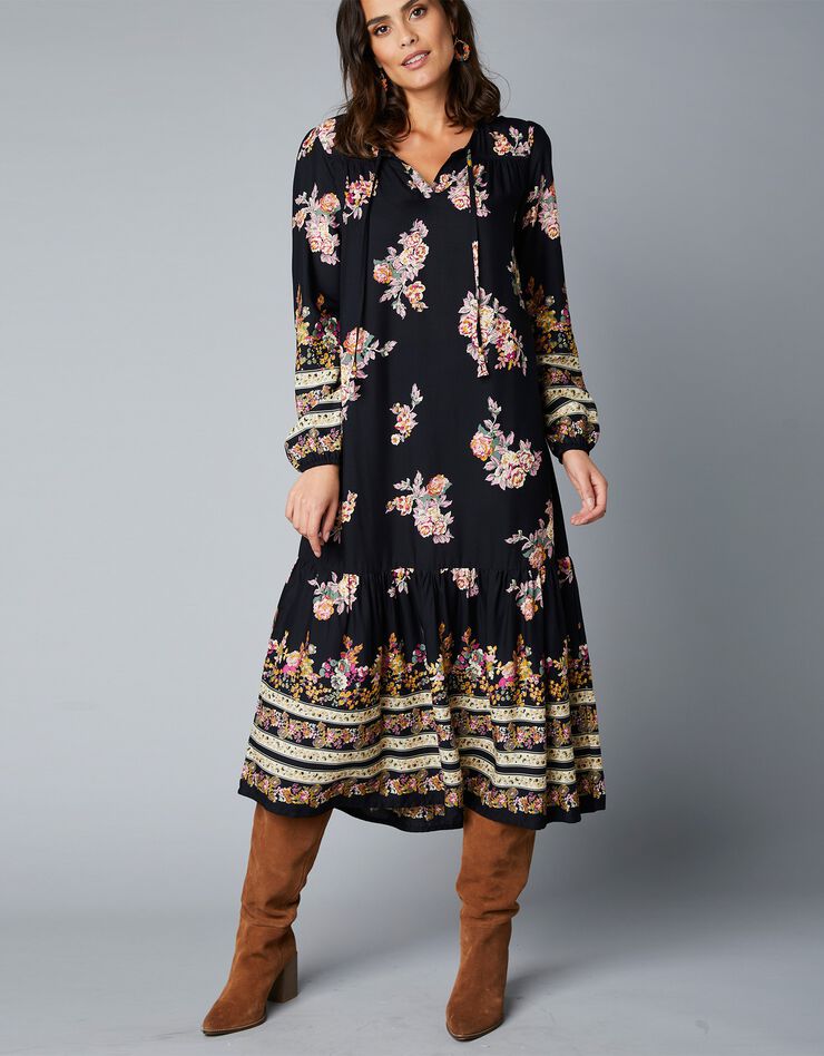 Robe longue volantée imprimé fleuri (noir / bordeaux) Robe longue volantée imprimé fleuri (noir / bordeaux)