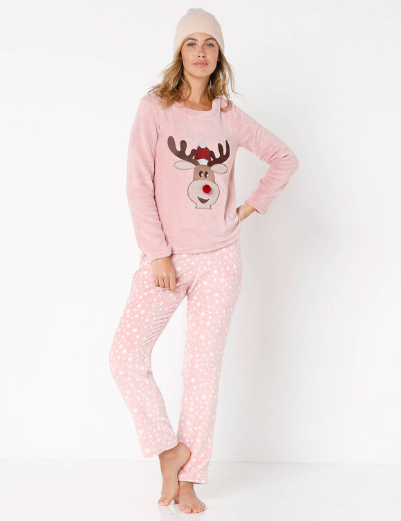 Pyjama manches longues maille polaire motif "renne"  (rose poudr&eacute;)