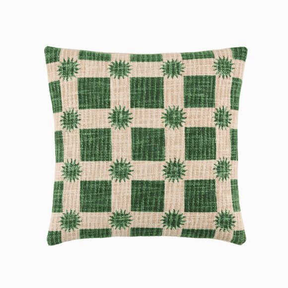 Coussin imprim&eacute; soleil et damier (vert / &eacute;cru)
