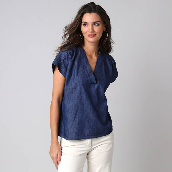 Blouse col V manches courtes denim l&eacute;ger (stone)
