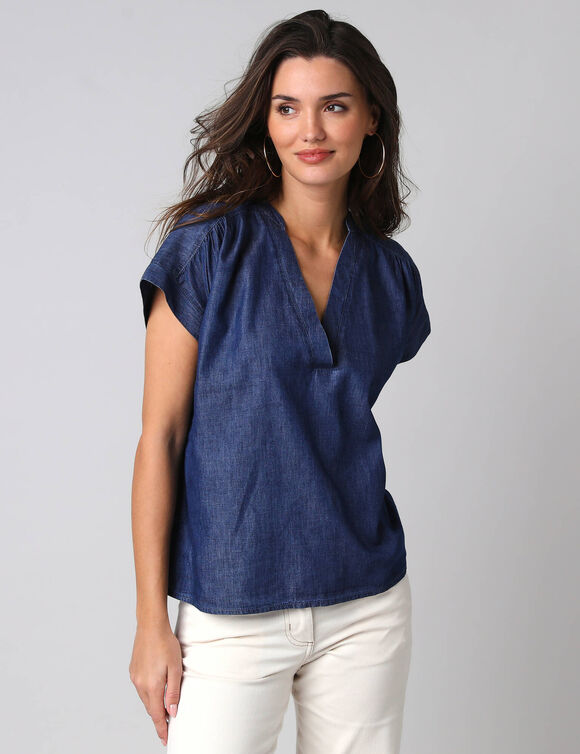 Blouse col V manches courtes denim l&eacute;ger (stone)
