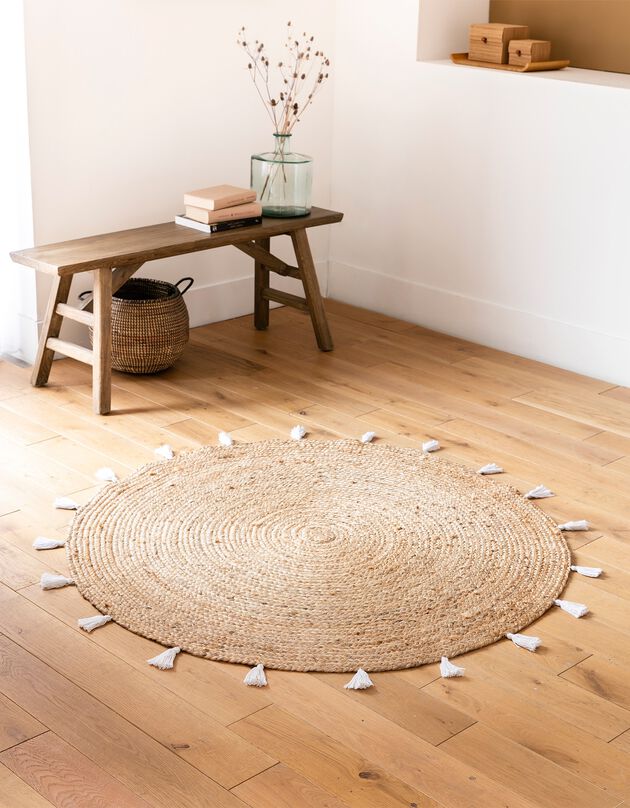 Tapis rond en jute avec pompons de couleur (blanc)