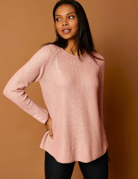 Pull évasé, maille anglaise toucher doux (rose poudré)