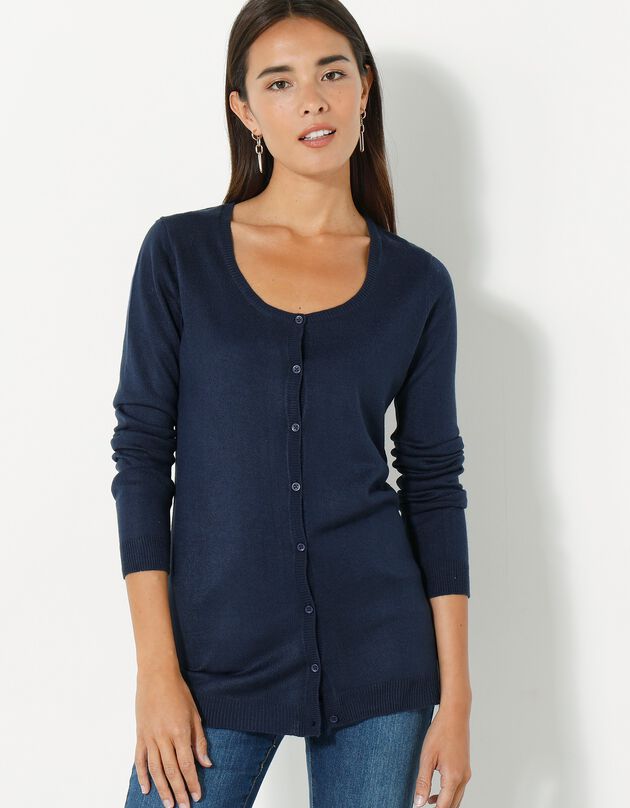 Cardigan boutonné col rond uni toucher cachemire (marine)