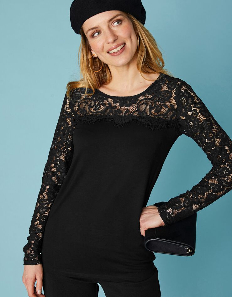 Tee-shirt col rond manches longues, dentelle jersey (noir) Tee-shirt col rond manches longues, dentelle jersey (noir)