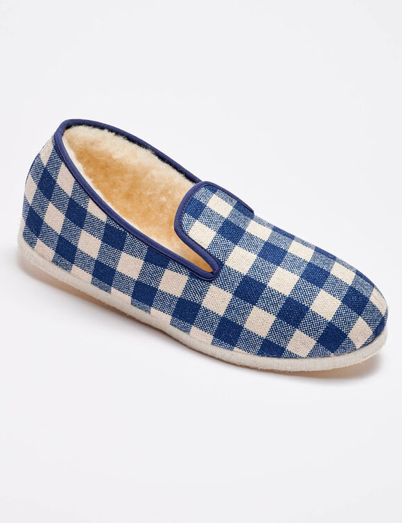 Charentaises silencieuses carreaux fourr&eacute;es laine (bleu marine)