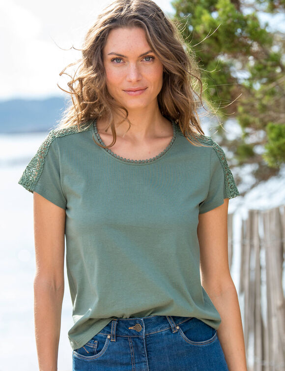 T-shirt col rond dentelle (kaki)