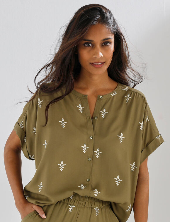 Chemisier manches courtes, imprim&eacute; ethnique (kaki)