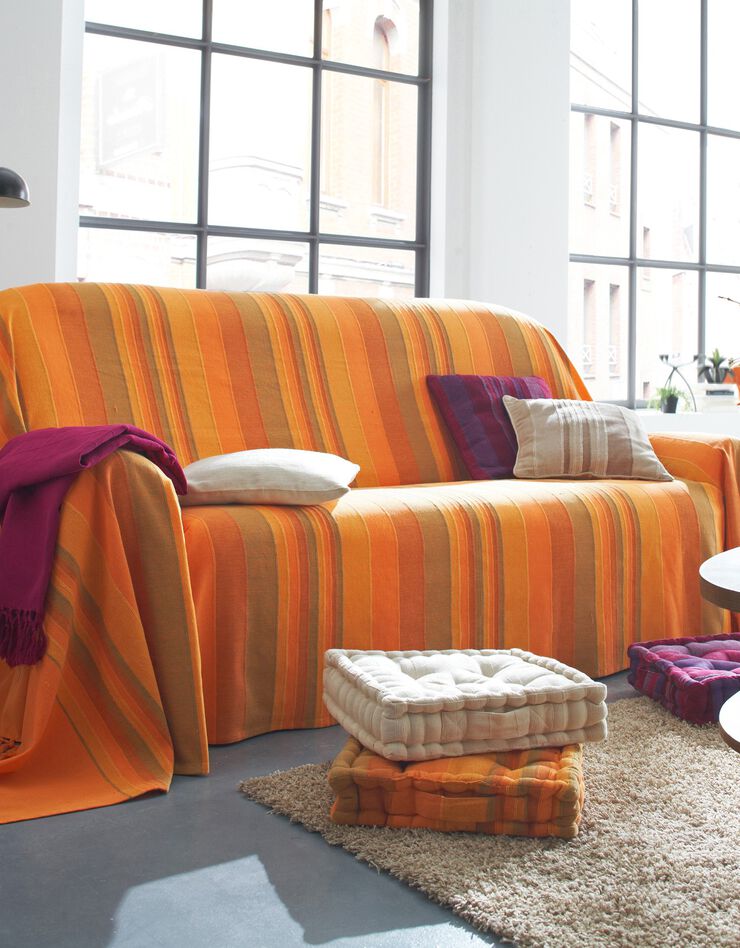 Plaid jeté multicolore coton tissage artisanal (orange) Plaid jeté multicolore coton tissage artisanal (orange)