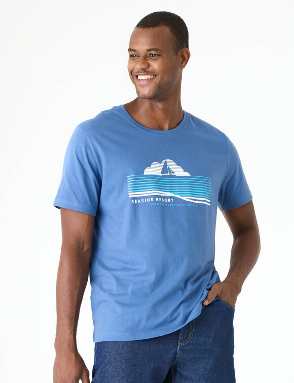T-shirt col rond motif plac&eacute; manches courtes (bleu)