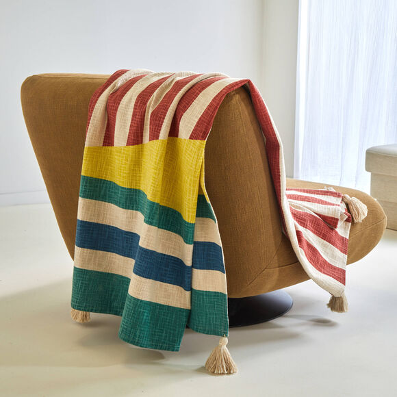 Plaid imprim&eacute; ray&eacute; (terracotta / jaune)