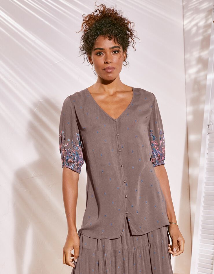Blouse boutonnée manches imprimé base, crépon (taupe) Blouse boutonnée manches imprimé base, crépon (taupe)