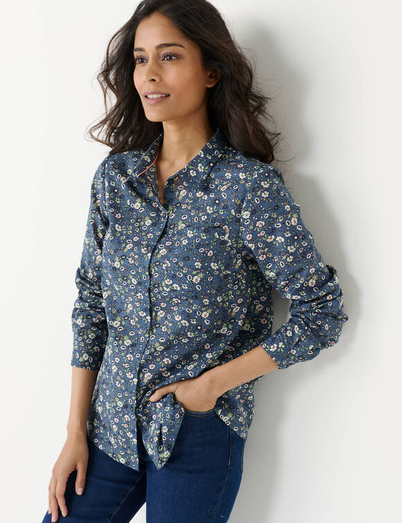 Chemisier imprim&eacute; fleuri, en coton (marine / vert)
