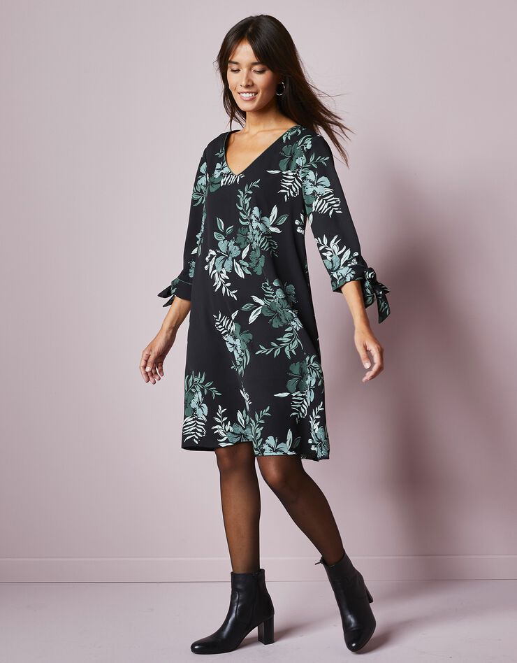 Robe évasée biais contrastés imprimé floral (noir / kaki) Robe évasée biais contrastés imprimé floral (noir / kaki)