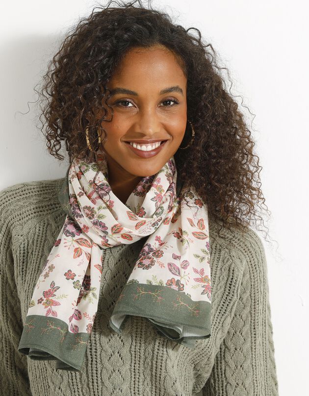 Foulard style chèche fabriqué en France imprimé fleuri, 160 x 70 cm - coton (écru / kaki)