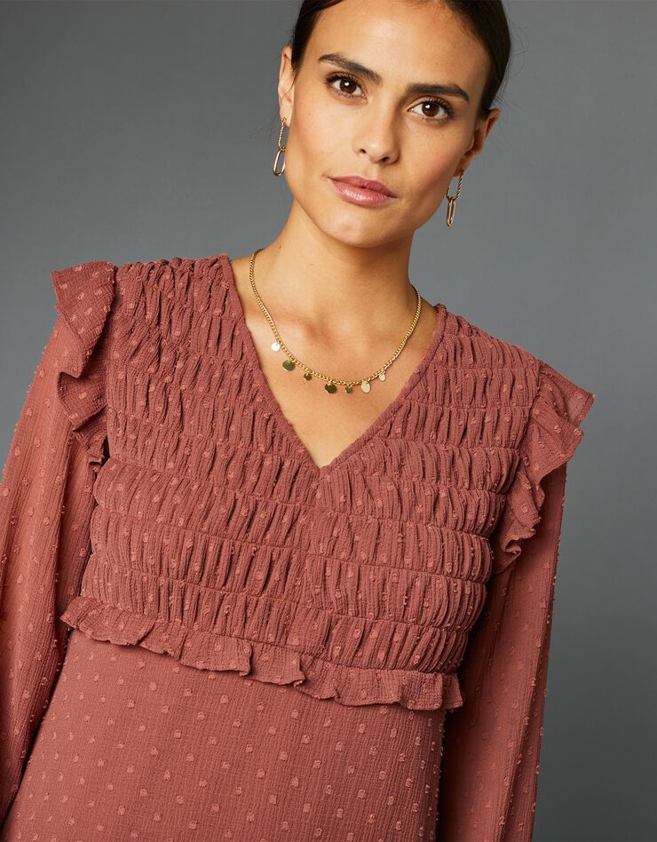 Robe plumetis évasée smockée (bois de rose) Robe plumetis évasée smockée (bois de rose)