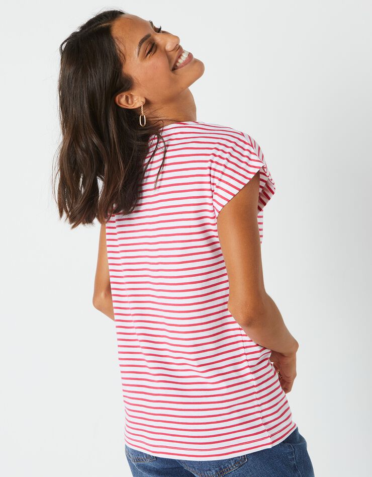 Tee-shirt col V boutonné rayé, spécial petites (rouge / blanc)