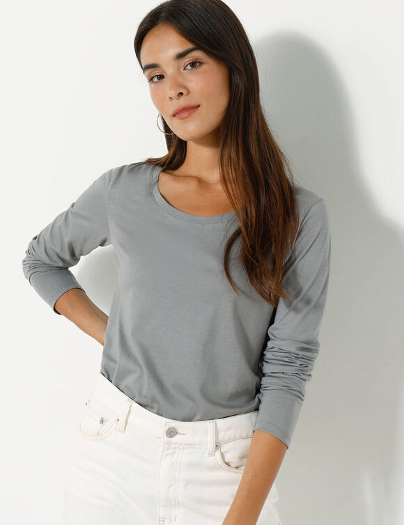 T-shirt col rond manches longues uni (gris)