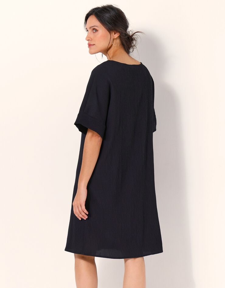 Robe forme housse unie manches courtes tissu texturé (noir) Robe forme housse unie manches courtes tissu texturé (noir)