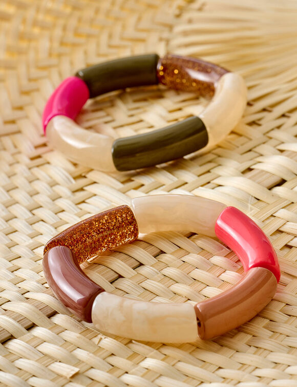 Bracelet élastiqué perles tubulaires, lot de 2 (orange / violet)