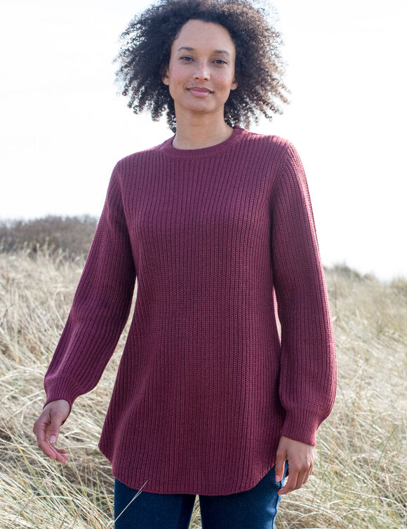 Pull tunique &eacute;vas&eacute; col rond, maille anglaise (bordeaux)