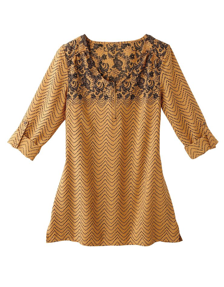 Blouse zippée imprimé dentelle - manches longues (miel) Blouse zippée imprimé dentelle - manches longues (miel)