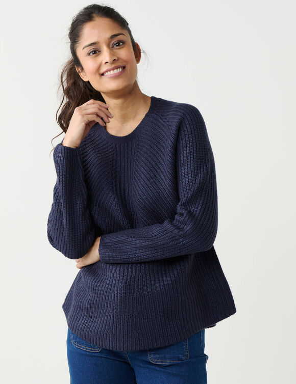Pull &eacute;vas&eacute; col rond &agrave; c&ocirc;tes en biais, maille anglaise (marine)