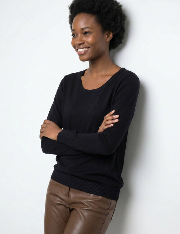 Pull col rond uni, manches longues, toucher doux (noir)