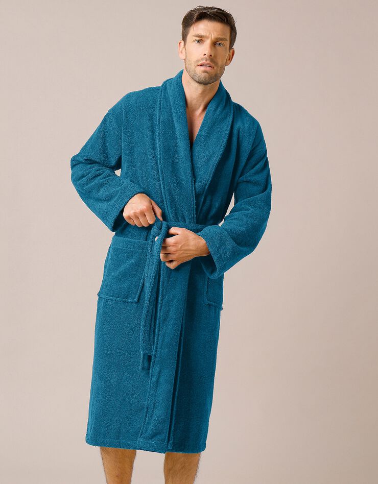 Peignoir mixte adulte col châle éponge bouclette (bleu paon)