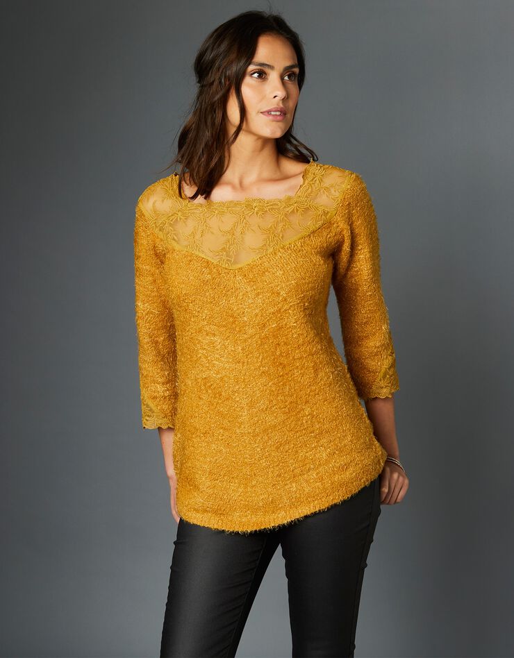 Pull maille douceur dentelle manches 3/4 (safran) Pull maille douceur dentelle manches 3/4 (safran)