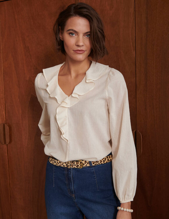 Blouse col V volant&eacute;e unie (&eacute;cru)