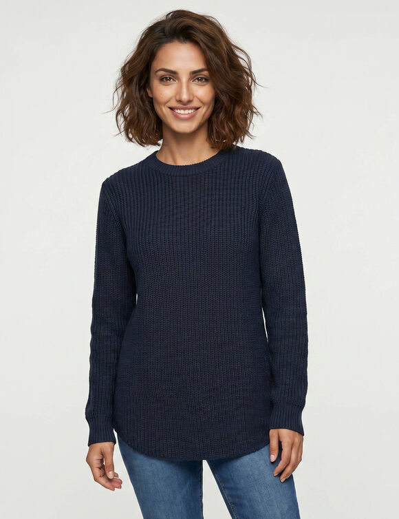 Pull tunique &eacute;vas&eacute; col rond, maille anglaise (marine)