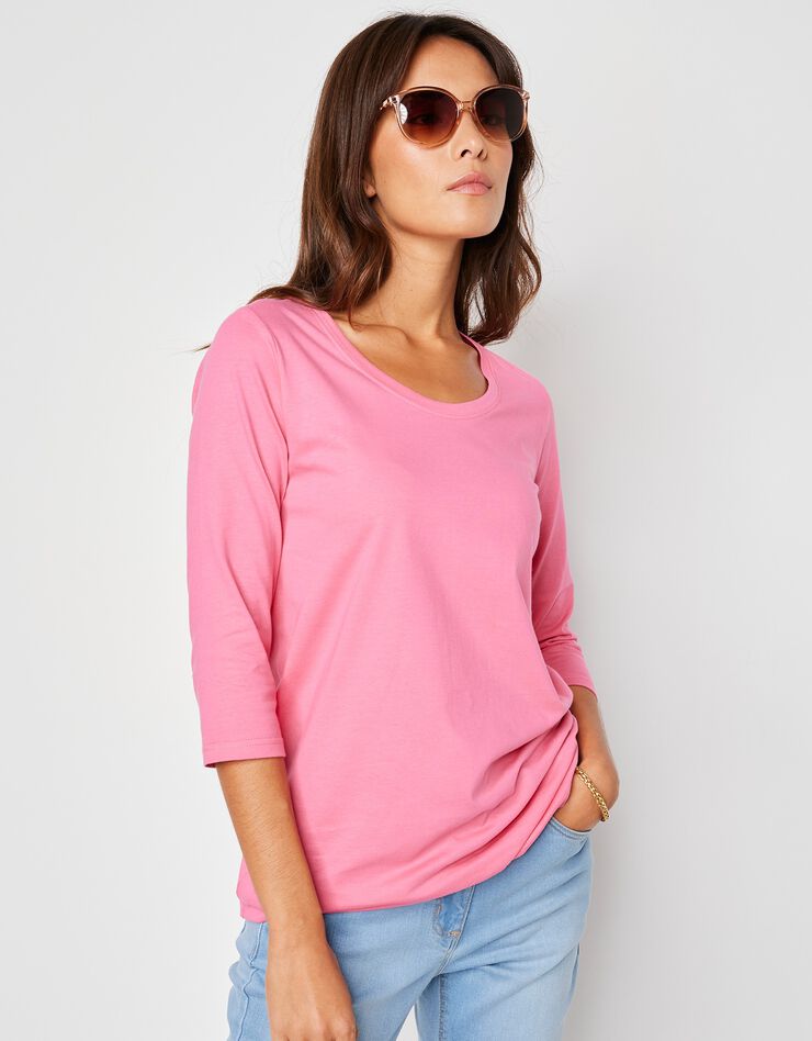 Tee-shirt manches 3/4 col rond uni coton (rose)