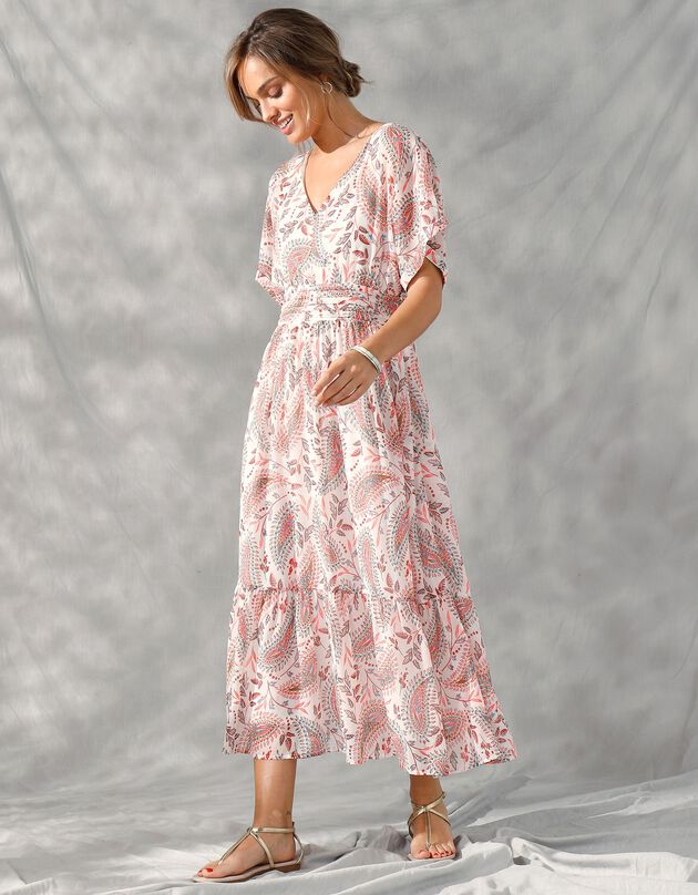 Robe longue voile imprimé (écru / corail)