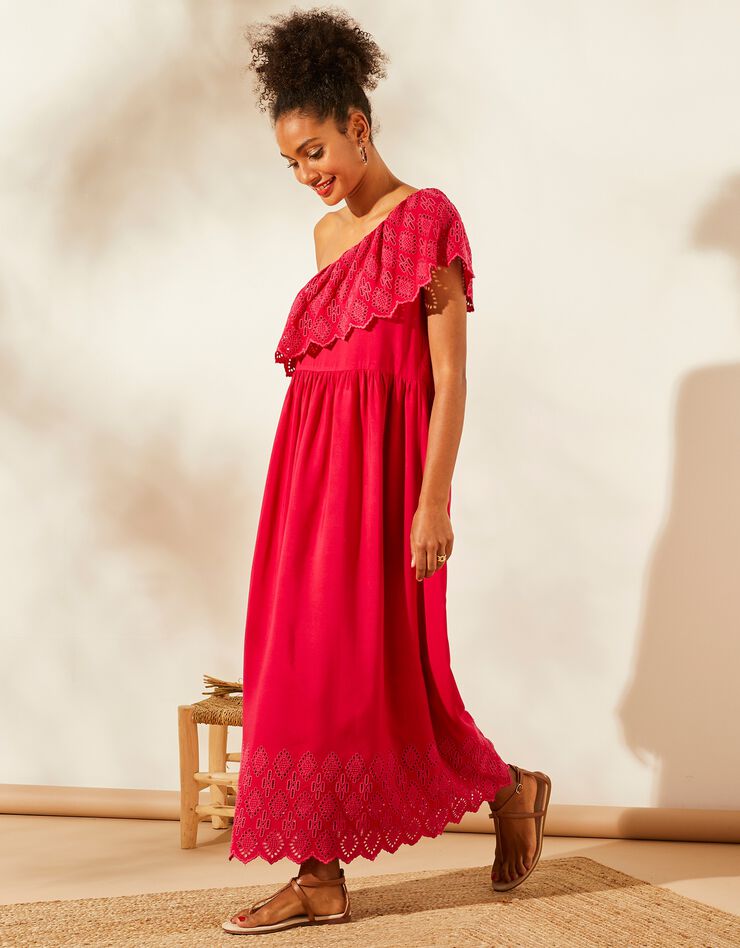 Robe longue one shoulder avec volant broderie anglaise (framboise)
