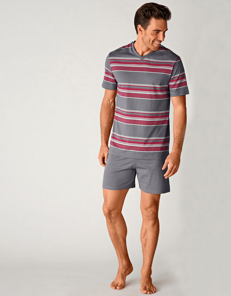 Pyjashort col V coton rayé (gris / rouge) Pyjashort col V coton rayé (gris / rouge)