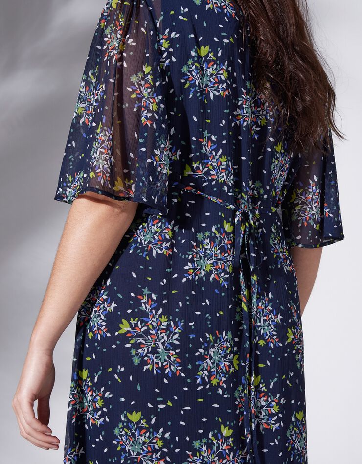 Robe longue en voile imprimé fleuri col V  (marine / anis)