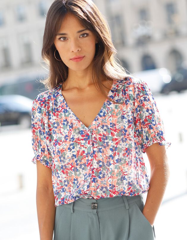 Chemisier boutonné manches blousantes imprimé, voile jacquard (bleu)