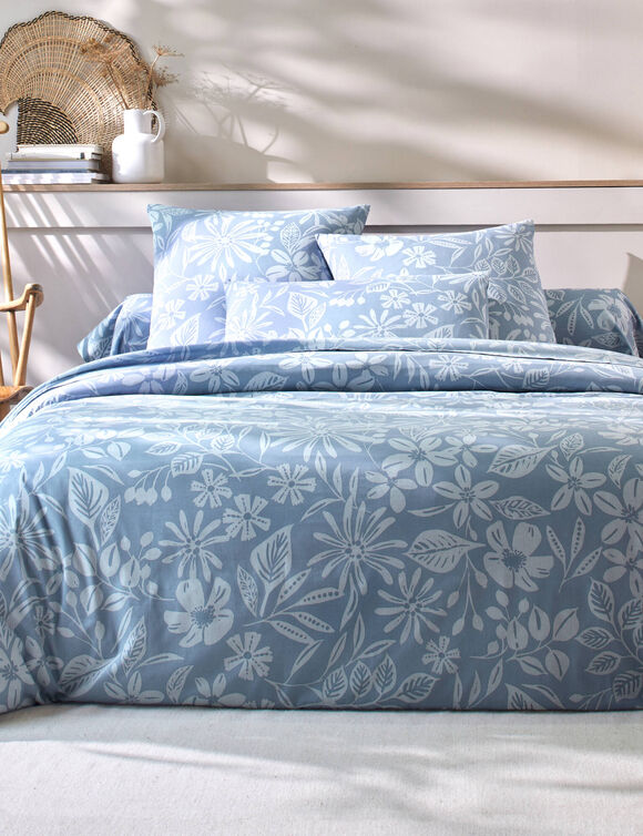 Linge de lit C&eacute;line en coton imprim&eacute; floral (bleu gris&eacute;)