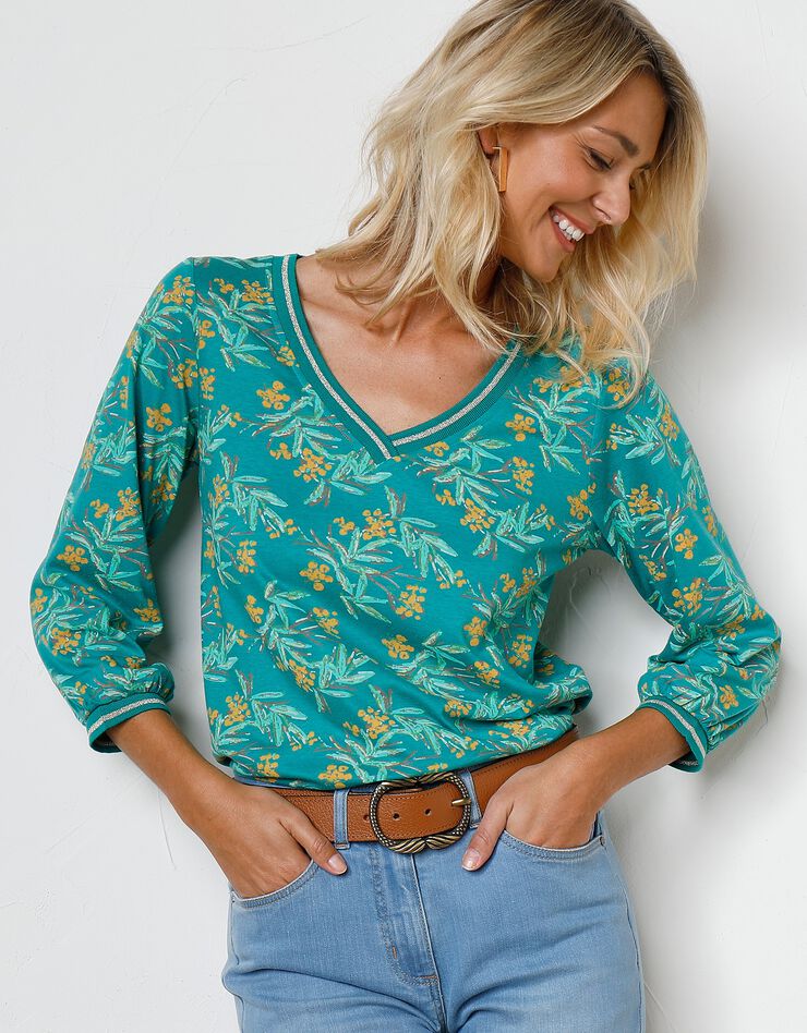 Tee-shirt manches 3/4 imprimé tropical (vert / safran) Tee-shirt manches 3/4 imprimé tropical (vert / safran)