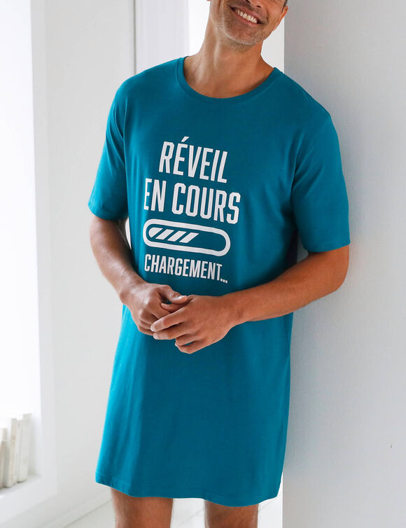 Maxi T-shirt pyjama imprim&eacute; "r&eacute;veil en cours" (bleu canard)