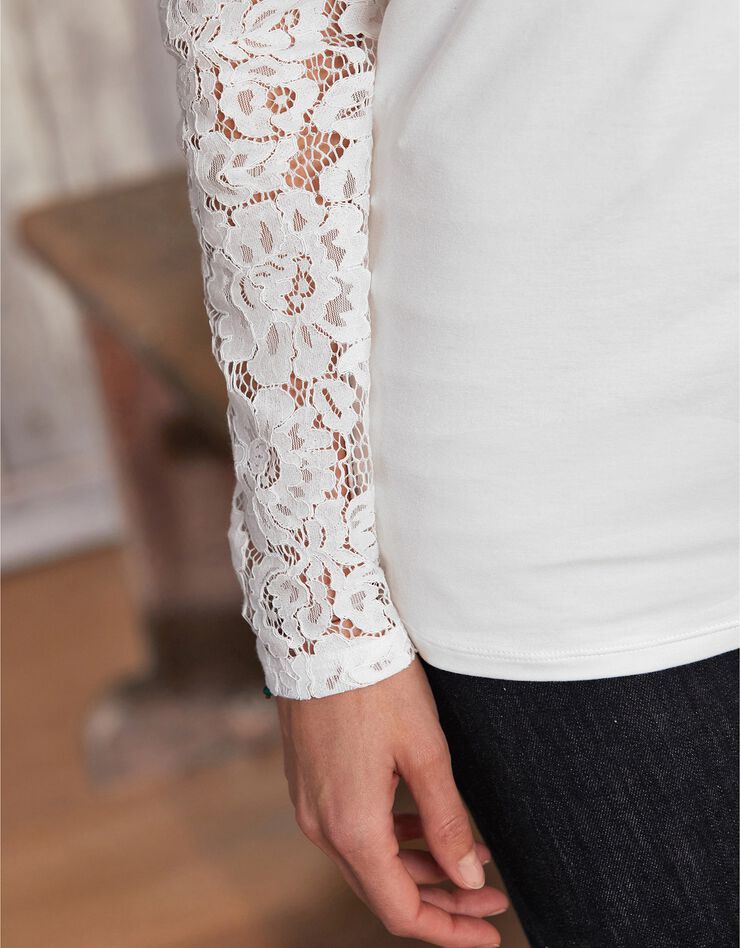 Tee-shirt col rond manches longues, dentelle jersey (blanc) Tee-shirt col rond manches longues, dentelle jersey (blanc)