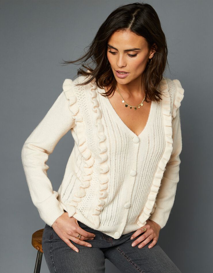 Gilet volanté maille ajourée (beige rosé) Gilet volanté maille ajourée (beige rosé)