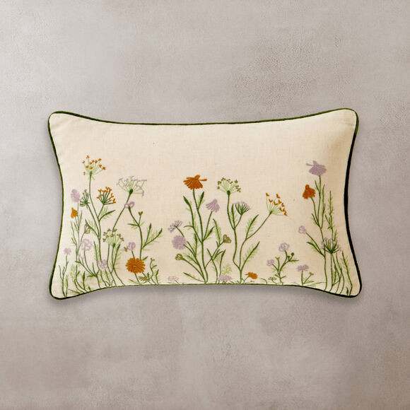 Coussin rectangulaire coton lin broderie fleurie (vert / parme)