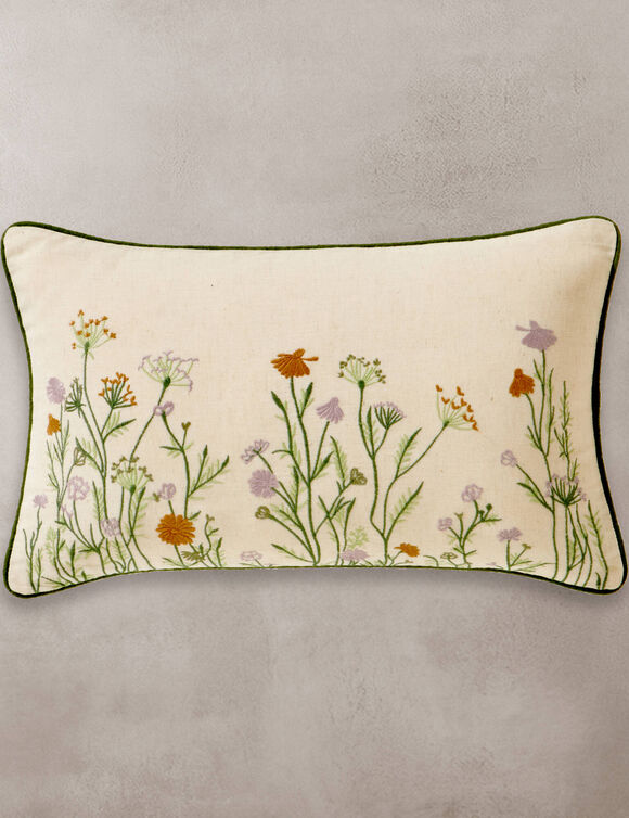 Coussin rectangulaire coton lin broderie fleurie (vert / parme)